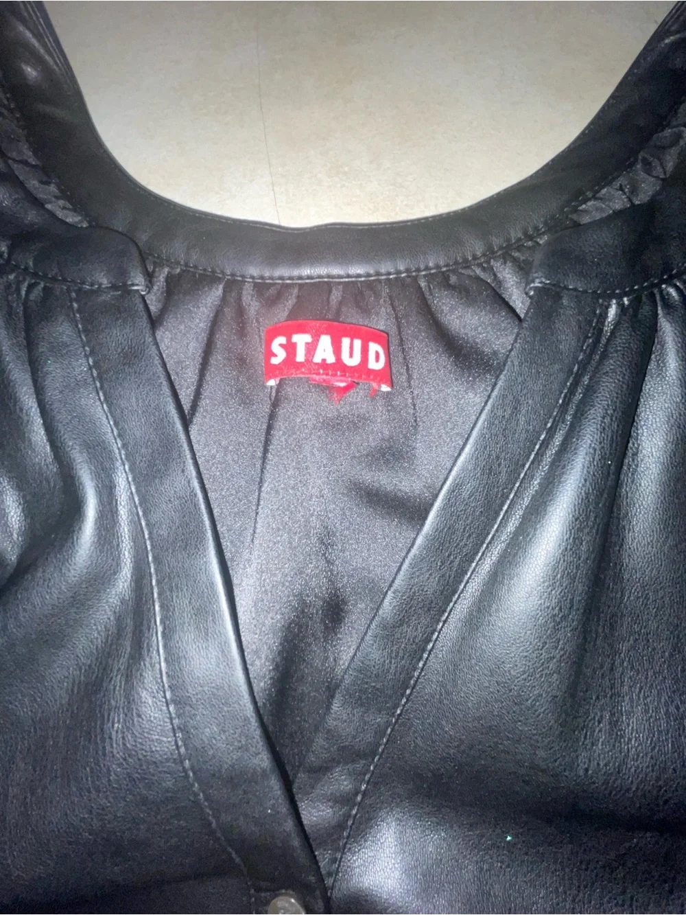 STAUD Black Dill Faux Leather Puff-Sleeve Buttoned Top M